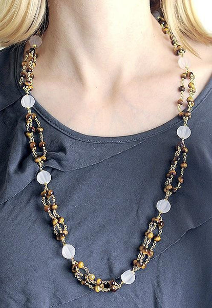 Fabulous Italian 18k Yellow Gold & Tiger Eye Bead Necklace