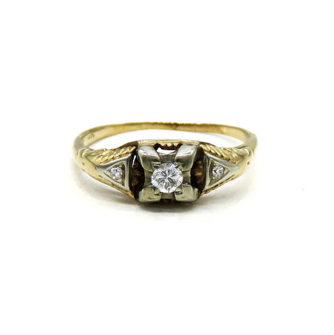 Antique c1920 14K Yellow White Gold VVS Diamond Engagement Ring