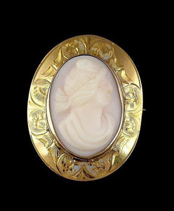 Charming Antique 10k Yellow Gold & Hand Carved Pink Woman Cameo Pin Brooch