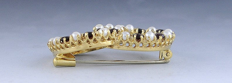 Signed Corletti Heavy 18k Yellow Gold Pin W/ Garnets And Pearls Brooch