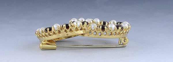 Signed Corletti Heavy 18k Yellow Gold Pin W/ Garnets And Pearls Brooch