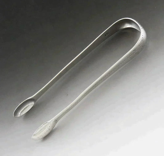 Antique 1798 English Georgian Sterling Silver Engraved Sugar Cube Tongs 5 3/8"