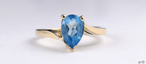 Exquisite 14k Yellow Gold Bypass Design Ring w/ Blue Topaz Pear-shaped Stone