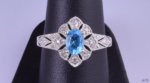 Nice ADL 10k White Gold Ring Set w/ Blue Topaz and 8 Accent Diamonds Size 8.5