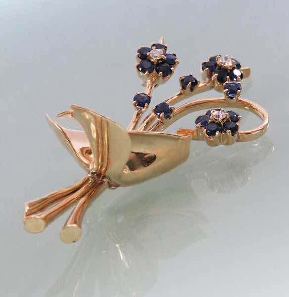 Fabulous Vintage 14k Yellow Gold Diamond and Sapphire Floral Pin