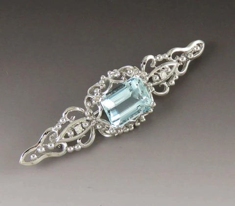 Fabulous 14K White Gold Natural Aquamarine Diamond Gemstone Openwork Bar Pin