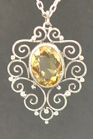 Lovely Genuine Faceted Citrine Sterling Silver Filigree Pendant and Chain
