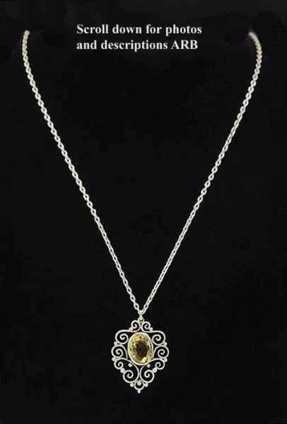 Lovely Genuine Faceted Citrine Sterling Silver Filigree Pendant and Chain