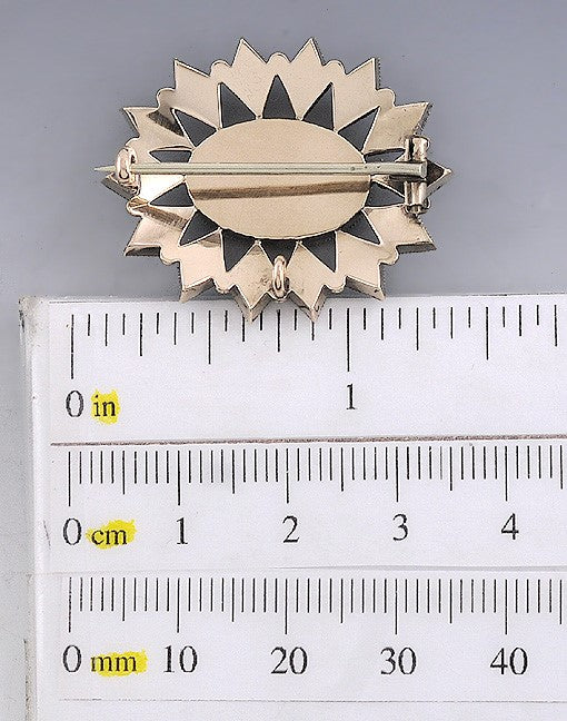 c1865 Victorian Mourning 14k Gold Onyx Black Glass Brooch Pendant