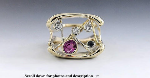 Eye Catching 14k Yellow Gold Diamond Ruby & Sapphire Ring