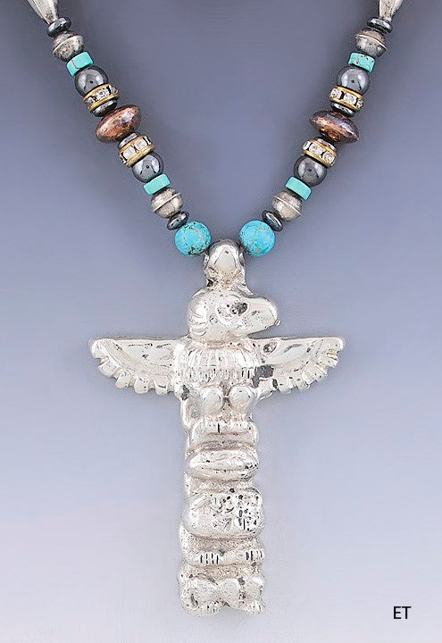 VTG Old Pawn Native American Sterling Silver & Turquoise Totem Pole Necklace