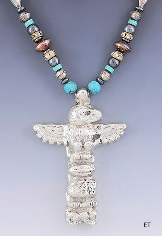VTG Old Pawn Native American Sterling Silver & Turquoise Totem Pole Necklace