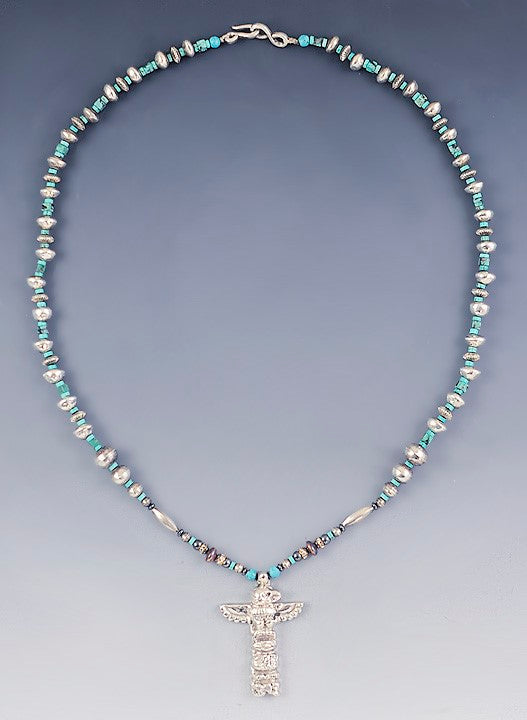 VTG Old Pawn Native American Sterling Silver & Turquoise Totem Pole Necklace