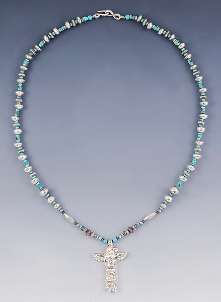 VTG Old Pawn Native American Sterling Silver & Turquoise Totem Pole Necklace