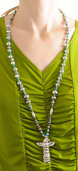 VTG Old Pawn Native American Sterling Silver & Turquoise Totem Pole Necklace