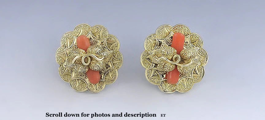 Ornate Victorian 14K Gold Orange Coral Earrings- Post Backs