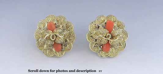 Ornate Victorian 14K Gold Orange Coral Earrings- Post Backs
