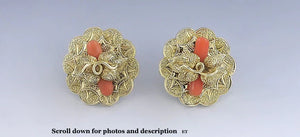 Ornate Victorian 14K Gold Orange Coral Earrings- Post Backs