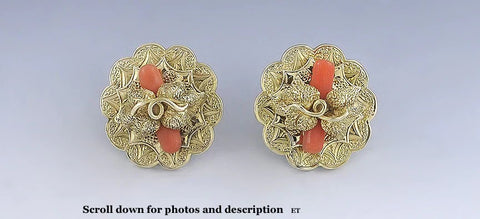 Ornate Victorian 14K Gold Orange Coral Earrings- Post Backs