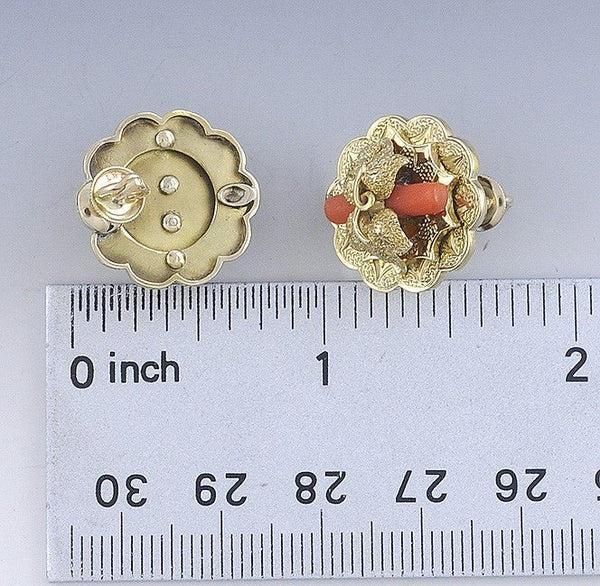 Ornate Victorian 14K Gold Orange Coral Earrings- Post Backs