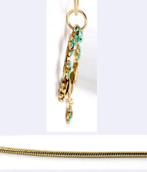 Charming 14K Gold Victorian Style Turquoise Flower Wreath Pendant