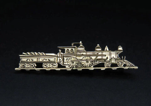 Superb 1850s-70s American 10k Yellow Gold Hand Engraved Custom Made Train Pin