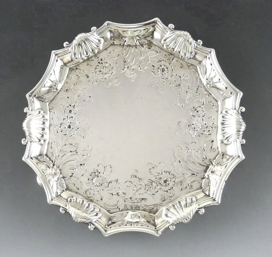 Antique 1740 English Georgian Sterling Silver Card Tray Salver 18th Century