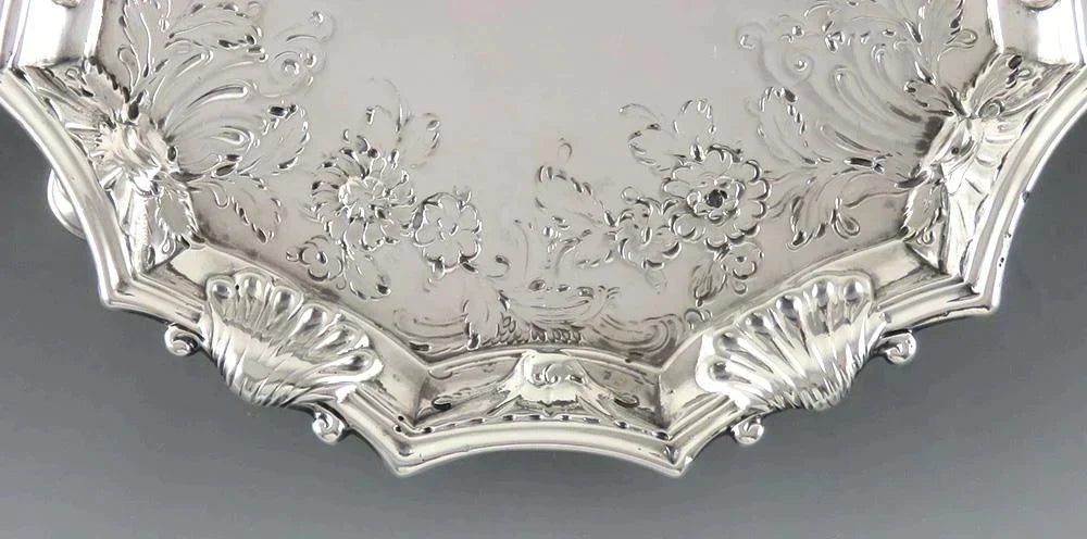Antique 1740 English Georgian Sterling Silver Card Tray Salver 18th Century