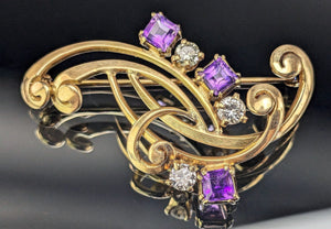 Beautiful Retro/VTG 14k Yellow Gold Purple Amethyst Diamond Pin Brooch