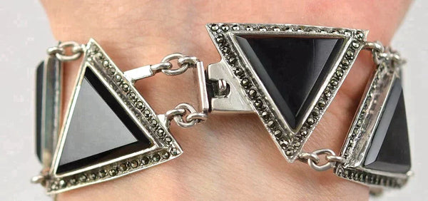Awesome Vintage Sterling Silver Triangular Black Onyx and Marcasite Bracelet