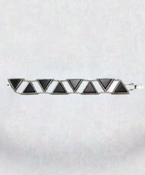 Awesome Vintage Sterling Silver Triangular Black Onyx and Marcasite Bracelet