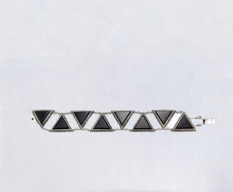Awesome Vintage Sterling Silver Triangular Black Onyx and Marcasite Bracelet