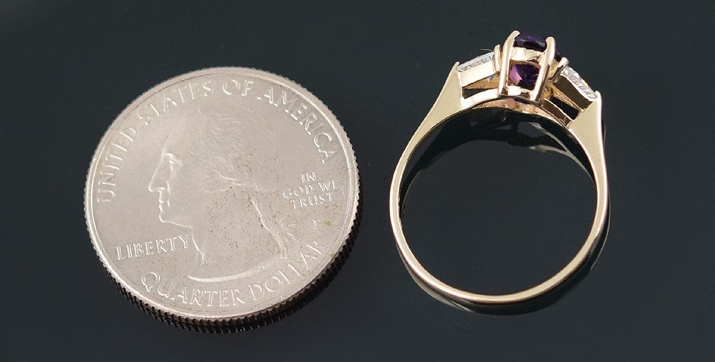 Fine 10k Yellow Gold, Purple Amethyst and Clear Trillions Stones Ring Size 6.75