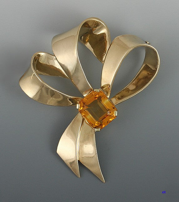 Retro Vintage 14k Gold Citrine Bow Pin 1950s American Brooch