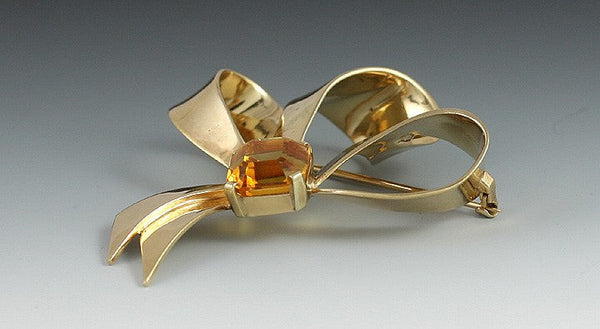 Retro Vintage 14k Gold Citrine Bow Pin 1950s American Brooch