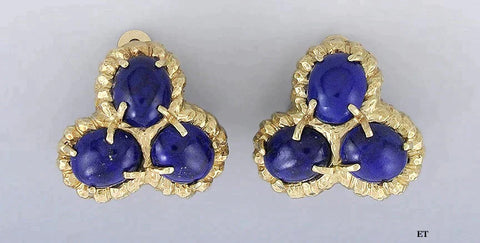 Charming Pair of 14K Yellow Gold & Lapis Lazuli Clip On Earrings