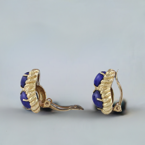 Charming Pair of 14K Yellow Gold & Lapis Lazuli Clip On Earrings