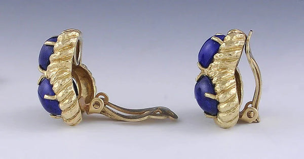 Charming Pair of 14K Yellow Gold & Lapis Lazuli Clip On Earrings