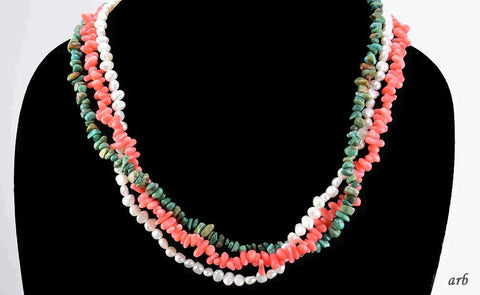 Exquisite Vintage Adjustable Necklace: Pink Coral, White Pearls, Green Turquoise