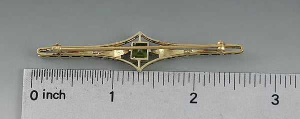 Art Deco c1900-1920s 14k Yellow Gold Peridot Pearl Bar Pin Brooch