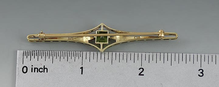 Art Deco c1900-1920s 14k Yellow Gold Peridot Pearl Bar Pin Brooch