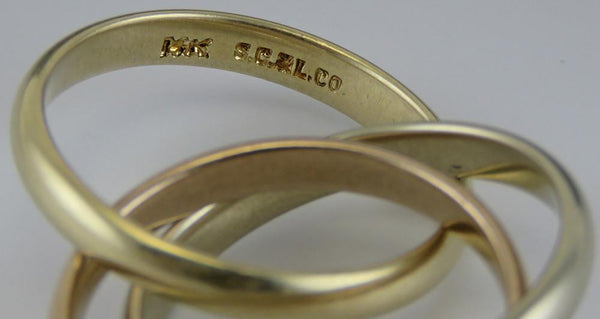 Vintage 3 Tone Yellow Rose White Gold Twist or Rolling Band Ring
