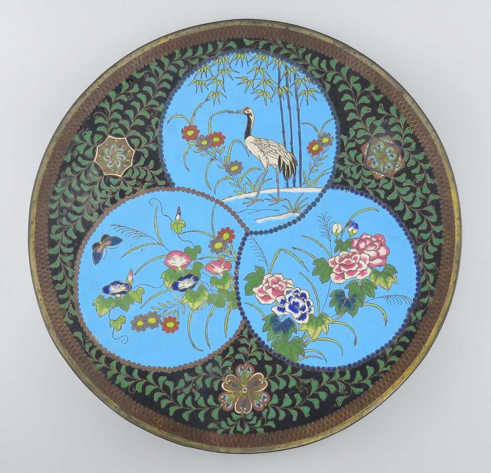 Antique Meiji Japanese Cloisonne Enamel Heron Crane Flower Charger Plate 12"