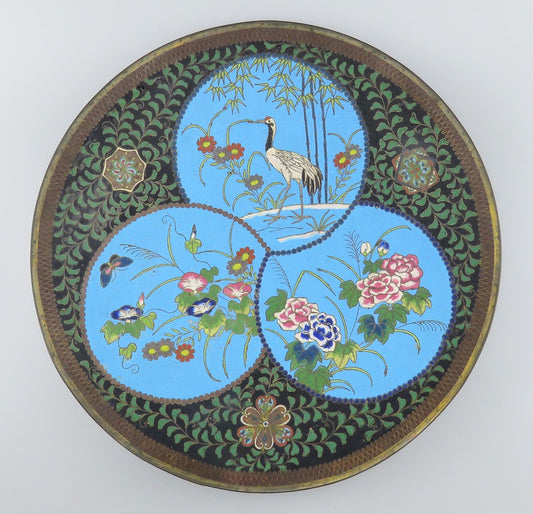 Antique Meiji Japanese Cloisonne Enamel Heron Crane Flower Charger Plate 12"