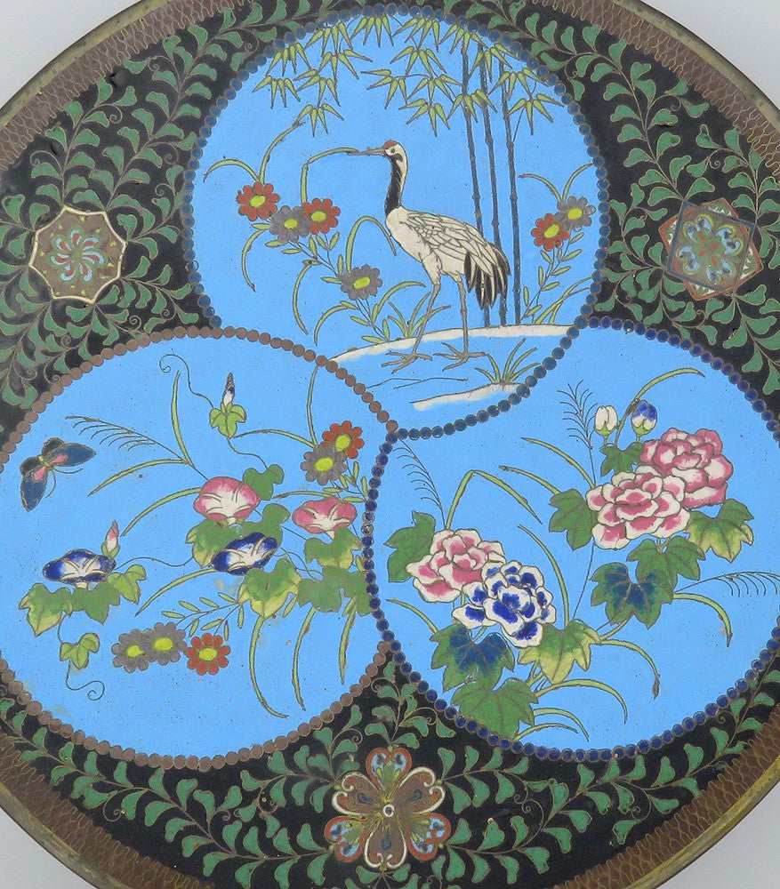 Antique Meiji Japanese Cloisonne Enamel Heron Crane Flower Charger Plate 12"