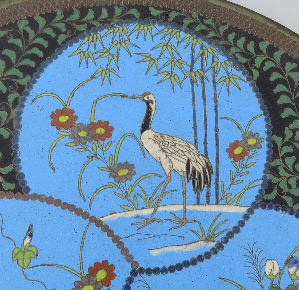 Antique Meiji Japanese Cloisonne Enamel Heron Crane Flower Charger Plate 12"