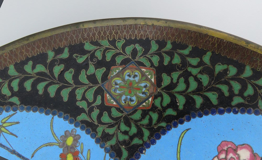 Antique Meiji Japanese Cloisonne Enamel Heron Crane Flower Charger Plate 12"