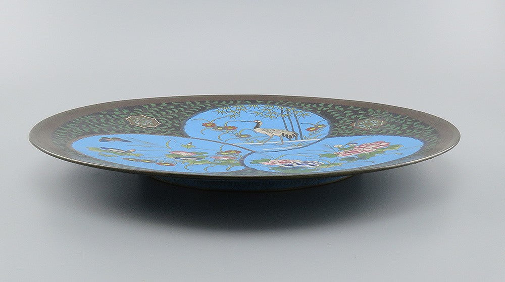 Antique Meiji Japanese Cloisonne Enamel Heron Crane Flower Charger Plate 12"