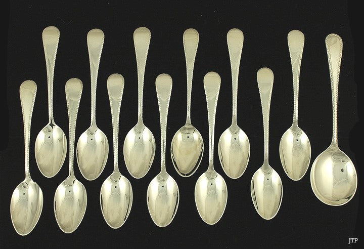 12 Pretty 1960s Tuttle Sterling Feather Edge Teaspoon plus 1 English Soup