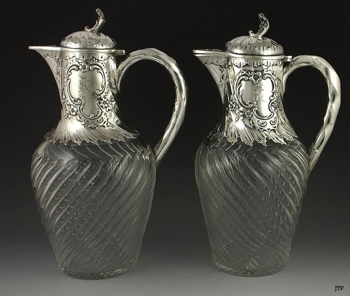 Fine Pair 1890s GERMAN HAND BLOWN CUT GLASS & SILVER WINE EWERS/PITCHERS ROCOCO